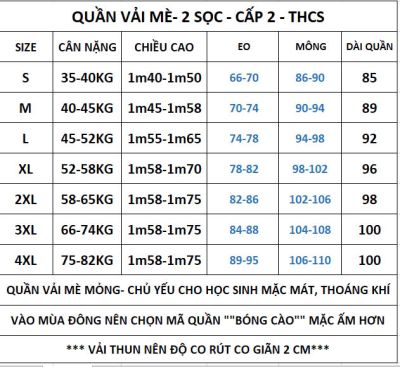 QUẦN THỂ DỤC 2 SỌC - VẢI MÈ MỎNG RẤT MÁT - CẤP 1,2