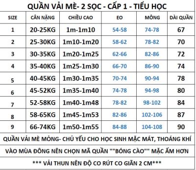 QUẦN THỂ DỤC 2 SỌC - VẢI MÈ MỎNG RẤT MÁT - CẤP 1,2